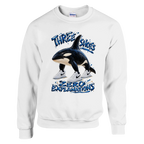 Orcalero Orcala print on a white crewneck sweatshirt, front view
