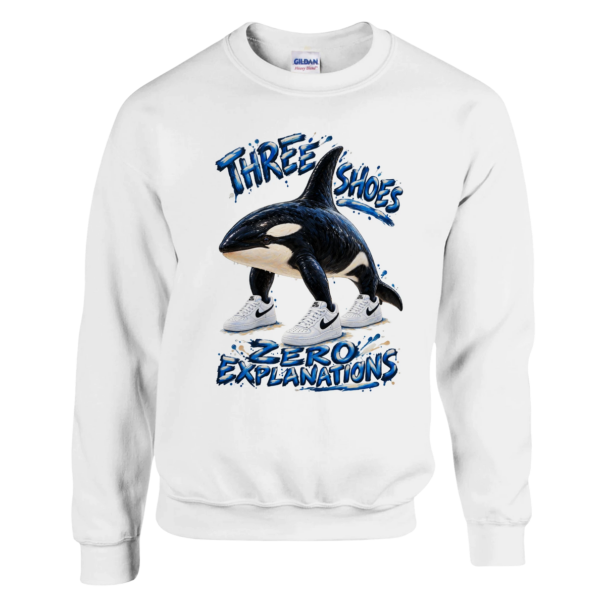 Orcalero Orcala print on a white crewneck sweatshirt, front view