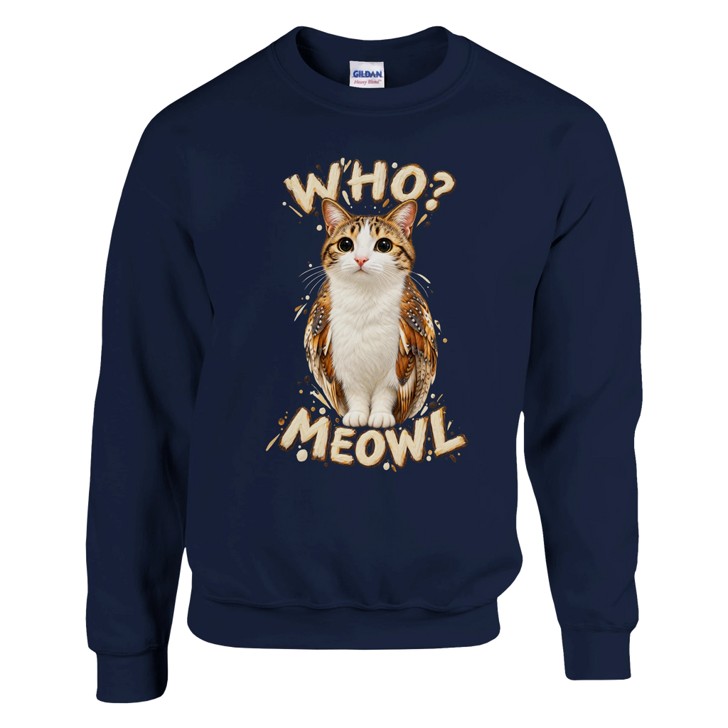 Meowl print on a navy crewneck sweatshirt, front view