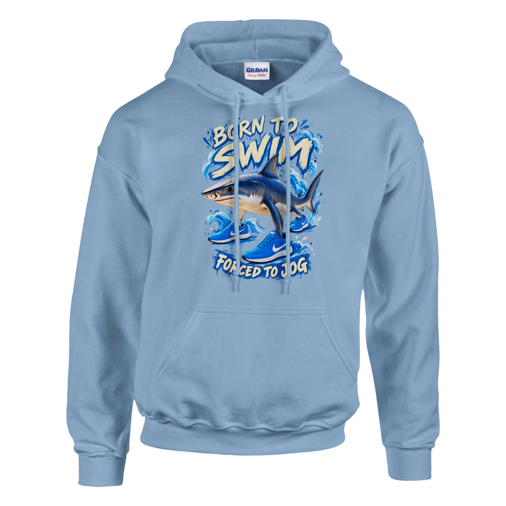 Tralalero Tralala print on a light blue pullover hoodie, front view