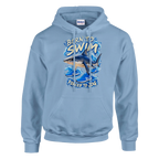 Tralalero Tralala print on a light blue pullover hoodie, front view