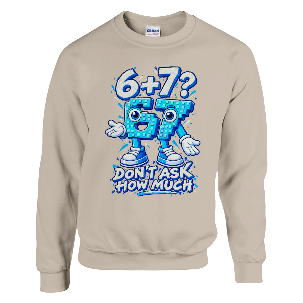 67 print on a sand crewneck sweatshirt, front view