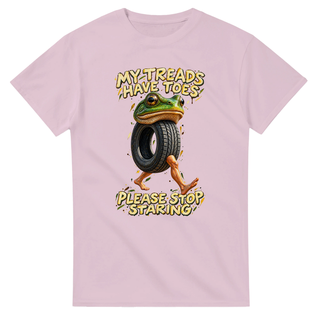 Light Pink t-shirt printed with Boneca Ambalabu and the words My treads have toes, please stop staring, front view