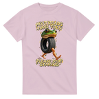 Light Pink t-shirt printed with Boneca Ambalabu and the words My treads have toes, please stop staring, front view