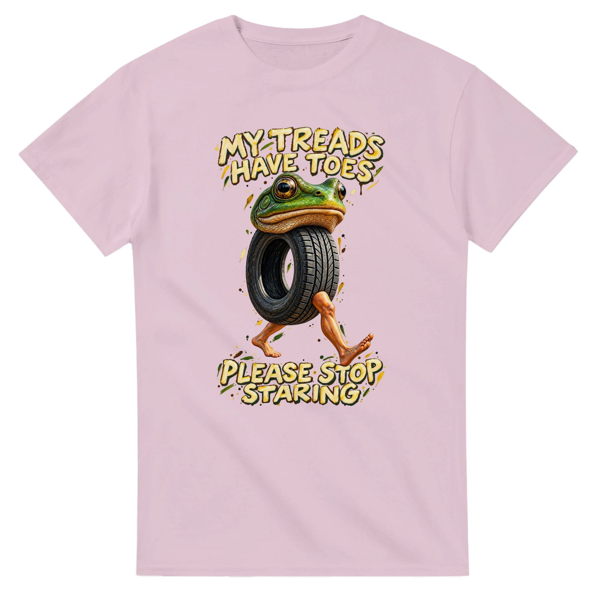 Light Pink t-shirt printed with Boneca Ambalabu and the words My treads have toes, please stop staring, front view