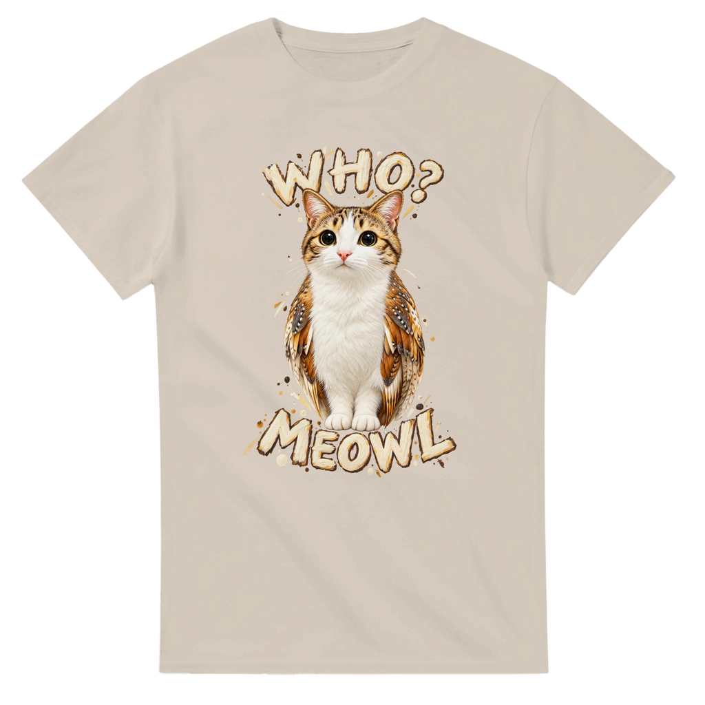 Sand t-shirt printed with Meowl and the words Who? Meowl, front view