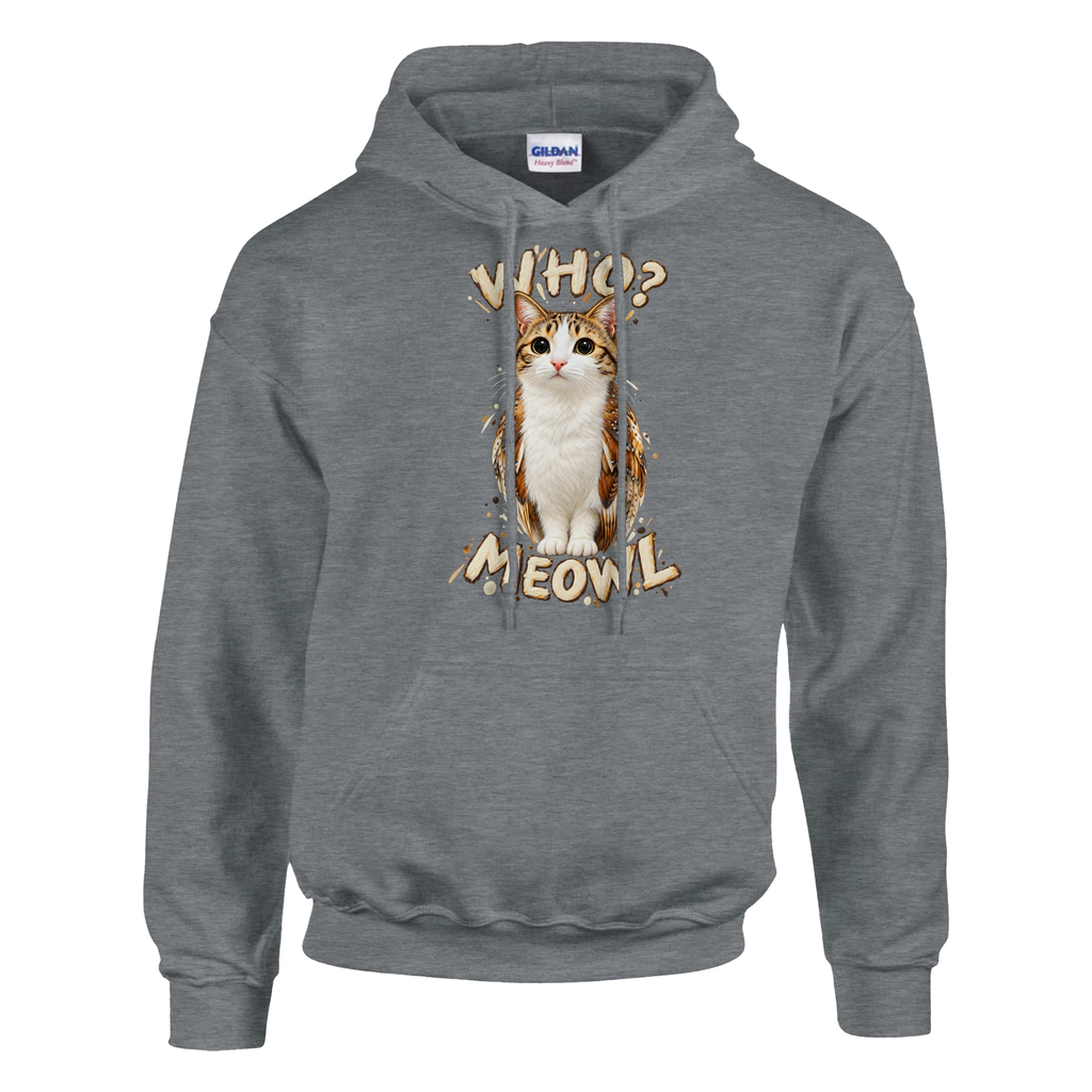 Meowl print on a sport grey pullover hoodie, front view