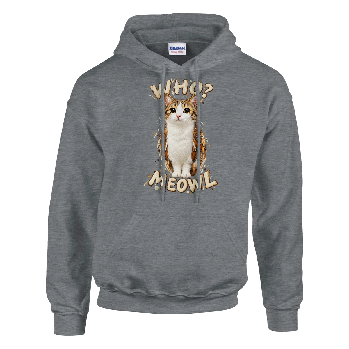 Meowl print on a sport grey pullover hoodie, front view