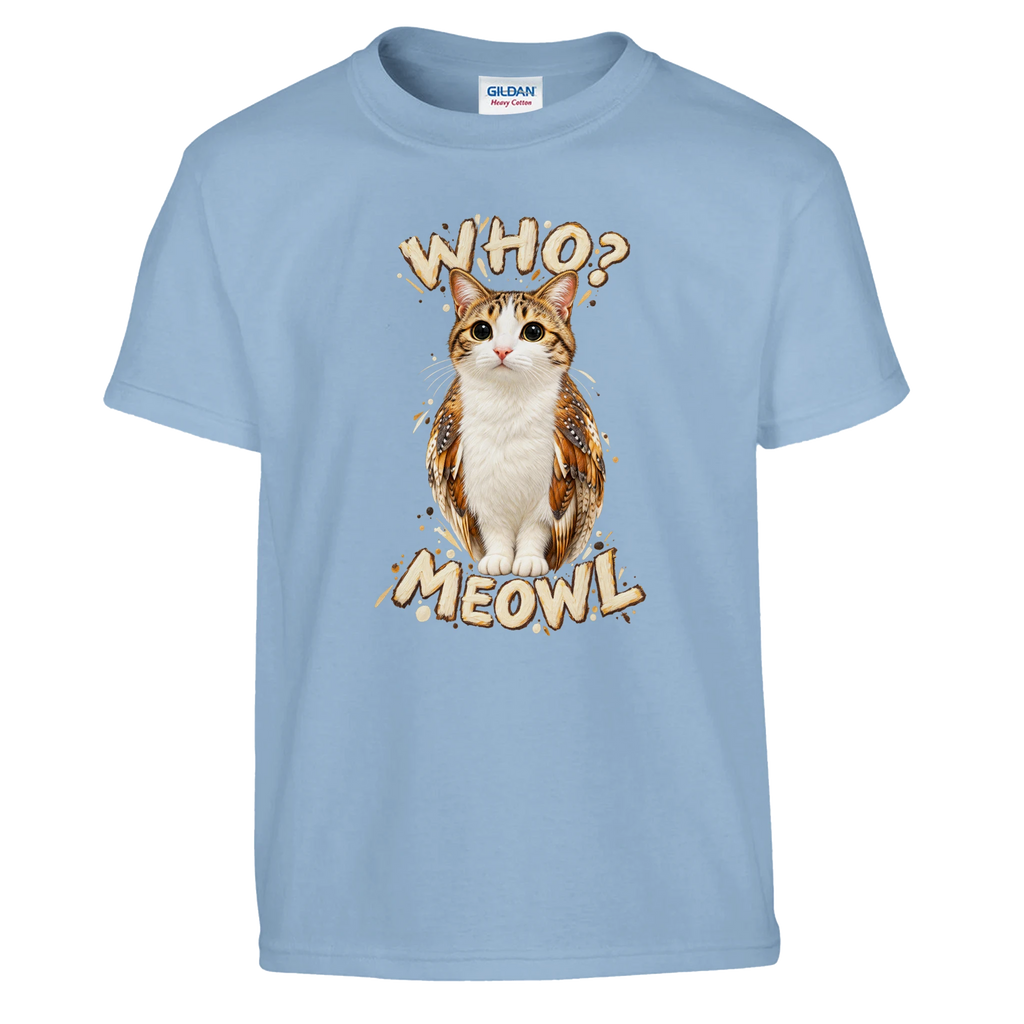 Meowl print on a light blue kids t-shirt, front view