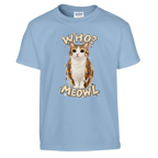 Meowl print on a light blue kids t-shirt, front view