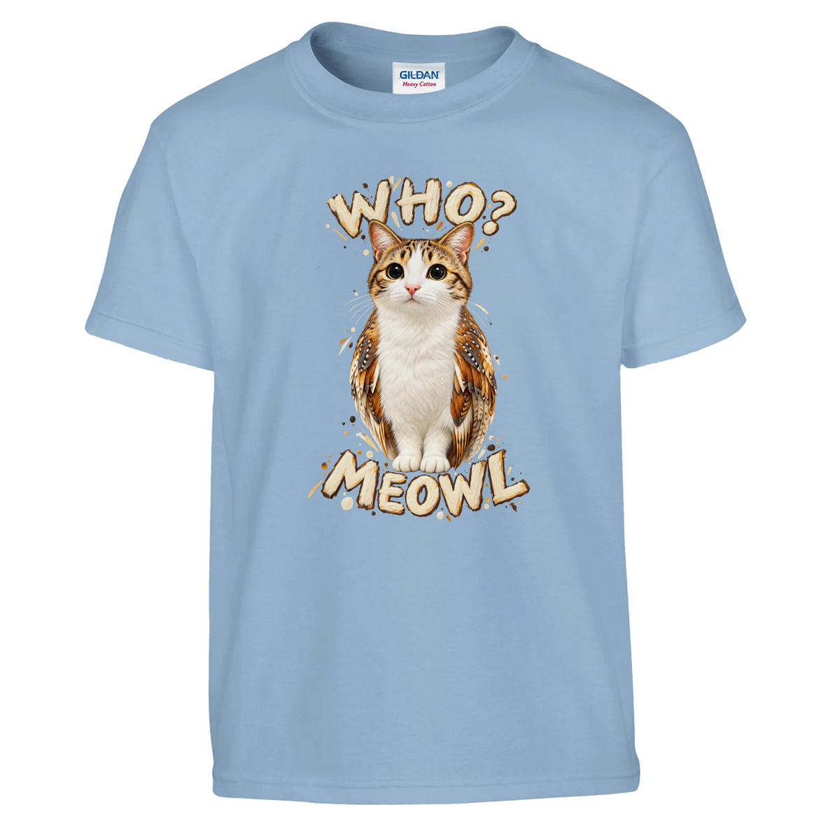 Meowl print on a light blue kids t-shirt, front view