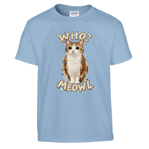 Meowl print on a light blue kids t-shirt, front view