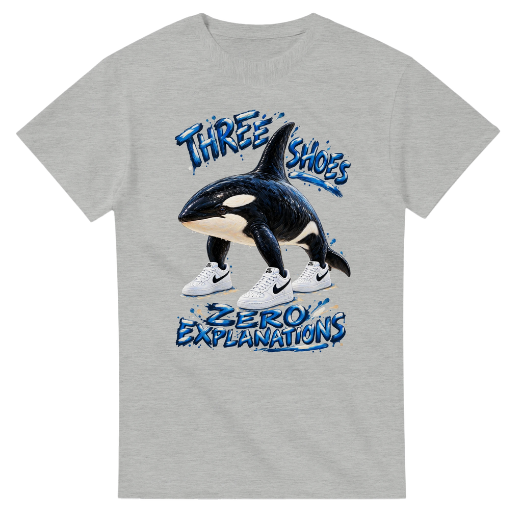 Ash t-shirt printed with Orcalero Orcala and the words Three shoes, zero explanations, front view