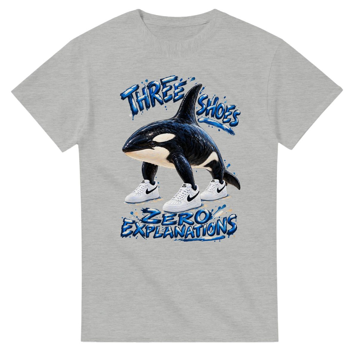 Ash t-shirt printed with Orcalero Orcala and the words Three shoes, zero explanations, front view