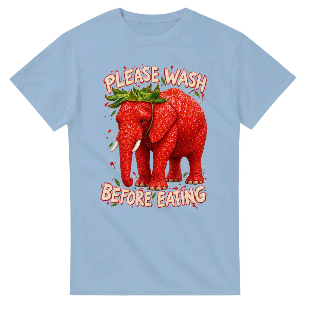 Light Blue t-shirt printed with Strawberry Elephant and the words Please wash before eating, front view