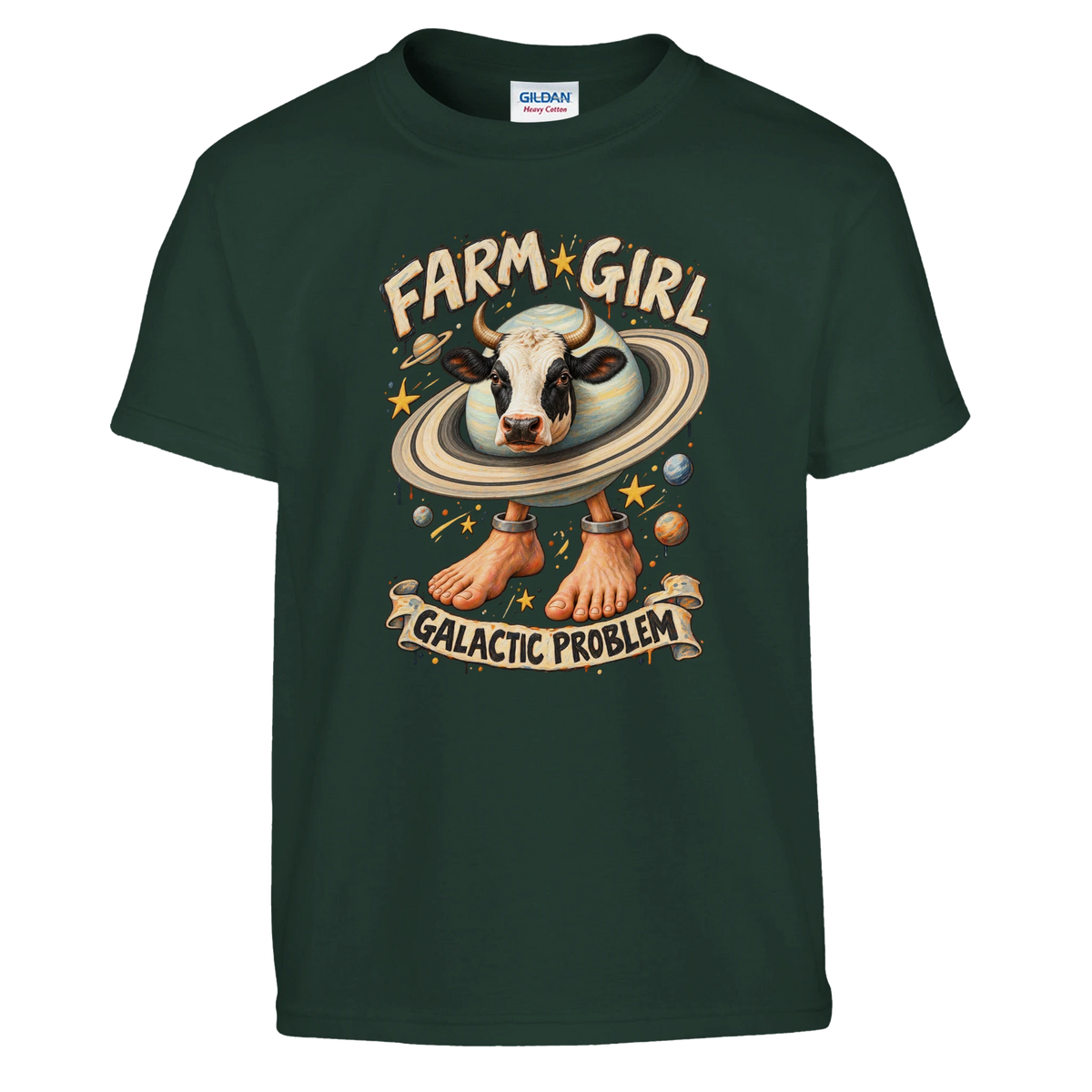 La Vaca Saturno Saturnita print on a forest green kids t-shirt, front view