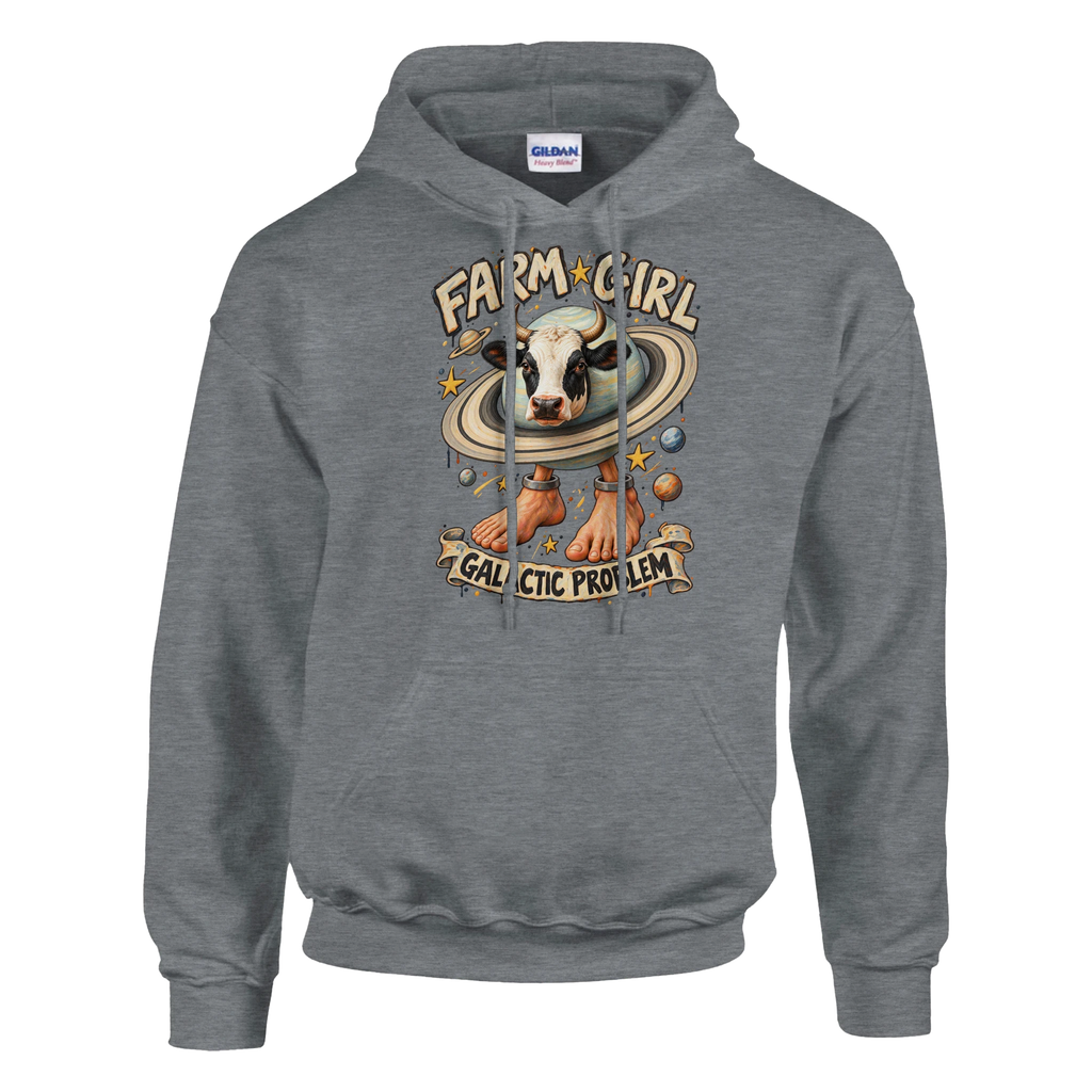 La Vaca Saturno Saturnita print on a sport grey pullover hoodie, front view