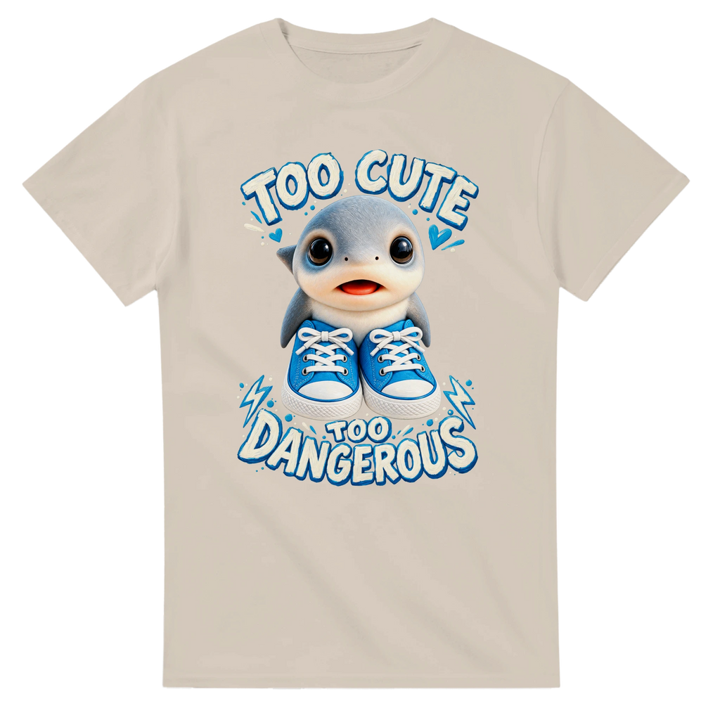 Sand t-shirt printed with Los Tralaleritos and the words Too cute, too dangerous, front view