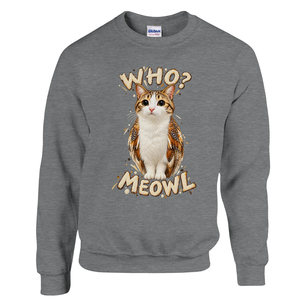 Meowl print on a sport grey crewneck sweatshirt, front view