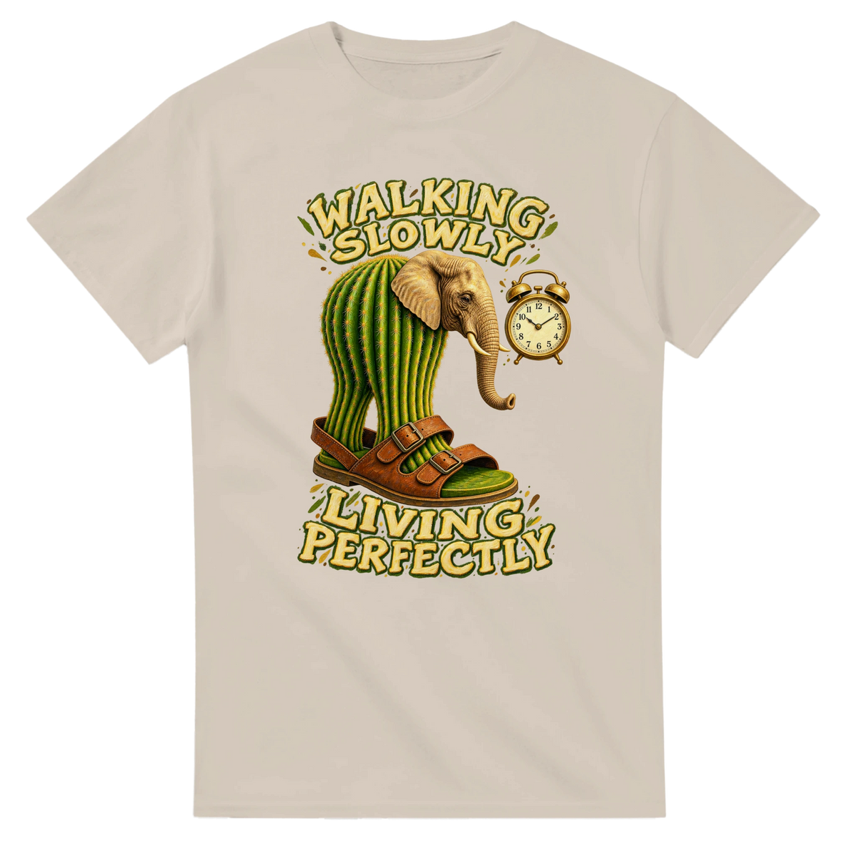 Sand t-shirt printed with Lirili Larila and the words Walking slowly, living perfectly, front view
