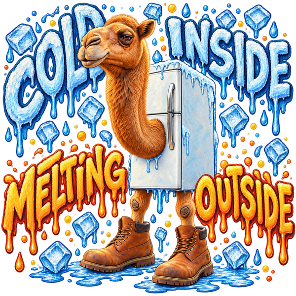 Frigo Camelo, the brainrot camel with a refrigerator for a body wearing brown work boots, with the words Cold inside. Melting outside.