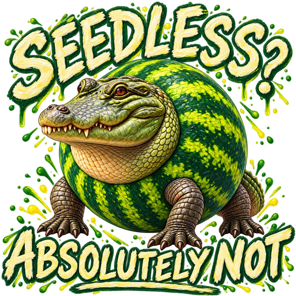 Glorbo Fruttodrillo, the brainrot crocodile with a watermelon for a body, with the words Seedless? Absolutely not.