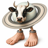La Vaca Saturno Saturnita, the brainrot cow planet with Saturn rings standing on human feet
