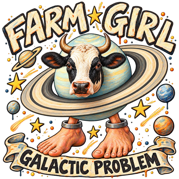 La Vaca Saturno Saturnita, the brainrot cow planet with Saturn rings standing on human feet, with the words Farm girl. Galactic problem.