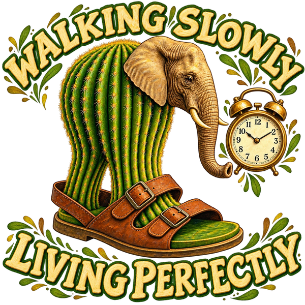 Lirili Larila, the cactus elephant brainrot character in sandals, with the words Walking slowly. Living perfectly.