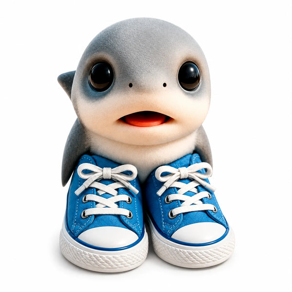 Los Tralaleritos, a baby brainrot shark in oversized blue sneakers
