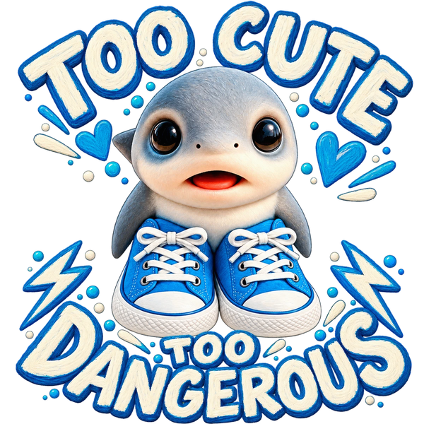 Los Tralaleritos, a baby brainrot shark in oversized blue sneakers, with the words Too cute. Too dangerous.