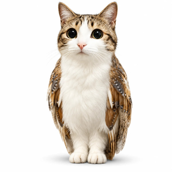Meowl, the brainrot cat owl with a cat head on a barn owl body