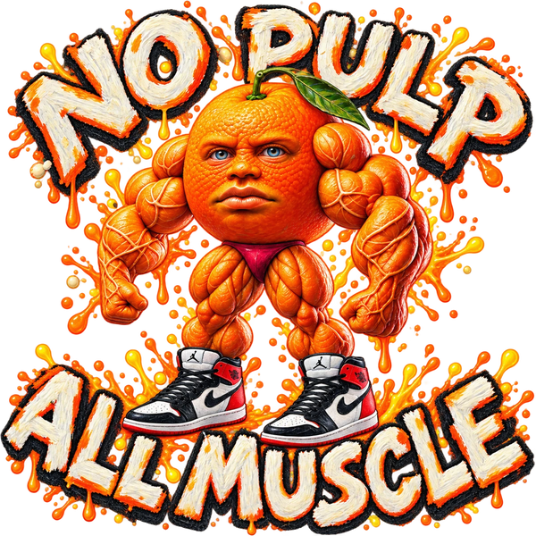 Odin Din Din Dun, the muscular orange brainrot character in high-top trainers, with the words No pulp. All muscle.