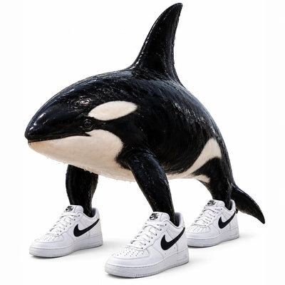 Orcalero Orcala, the brainrot orca standing on three legs in white trainers