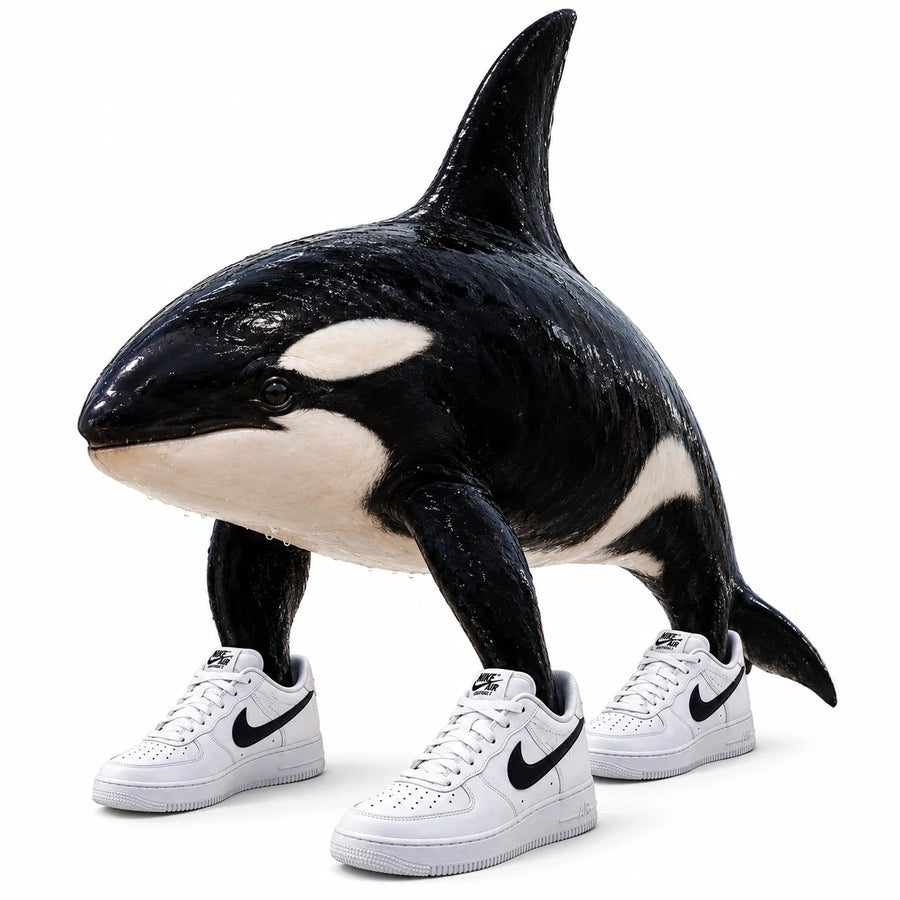 Orcalero Orcala, the brainrot orca standing on three legs in white trainers