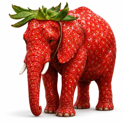 Strawberry Elephant, the brainrot elephant with strawberry skin and a crown of green leaves