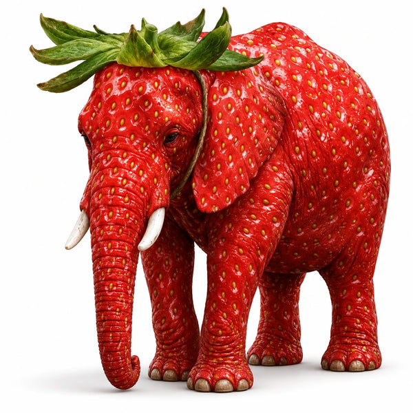 Strawberry Elephant, the brainrot elephant with strawberry skin and a crown of green leaves