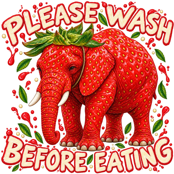 Strawberry Elephant, the brainrot elephant with strawberry skin and a crown of green leaves, with the words Please wash before eating.
