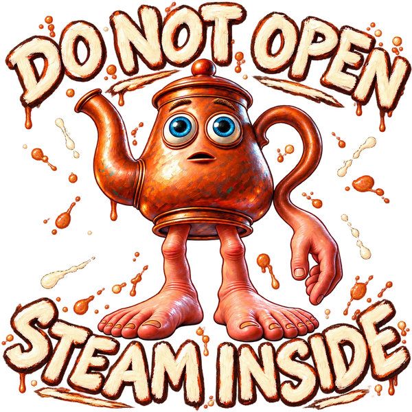 Ta Ta Ta Sahur, the brainrot copper teapot standing on two long bare legs, with the words Do not open. Steam inside.