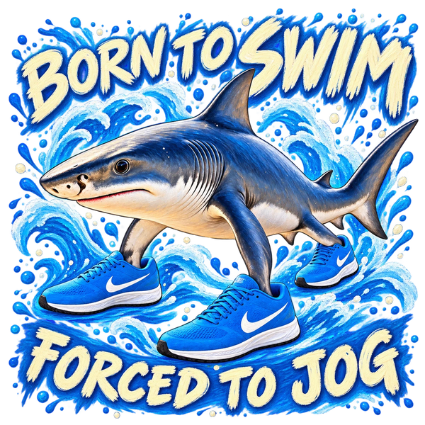 Tralalero Tralala, a shark walking on three legs in blue trainers, with the words Born to swim. Forced to jog.