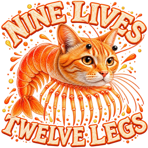 Trippi Troppi, the ginger cat head on a shrimp body brainrot character, with the words Nine lives. Twelve legs.