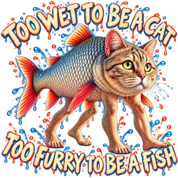 Trulimero Trulichina, the cat fish brainrot character with a cat head on a fish body, with the words Too wet to be a cat. Too furry to be a fish.