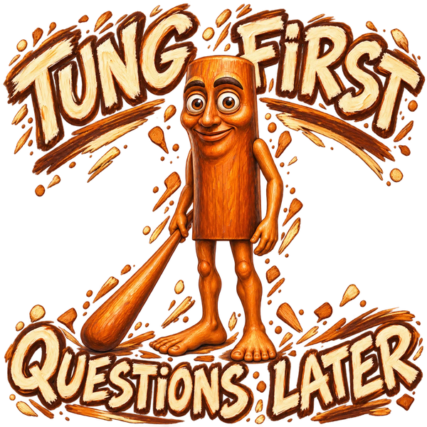 Tung Tung Tung Sahur, a wooden figure holding a bat, with the words Tung first. Questions later.
