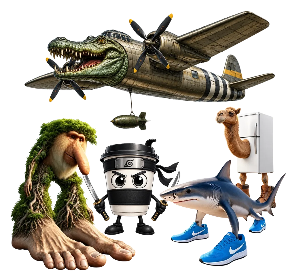 Brainrot Up characters Bombardino Crocodilo, Cappuccino Assassino and Tralalero Tralala with more of the crew