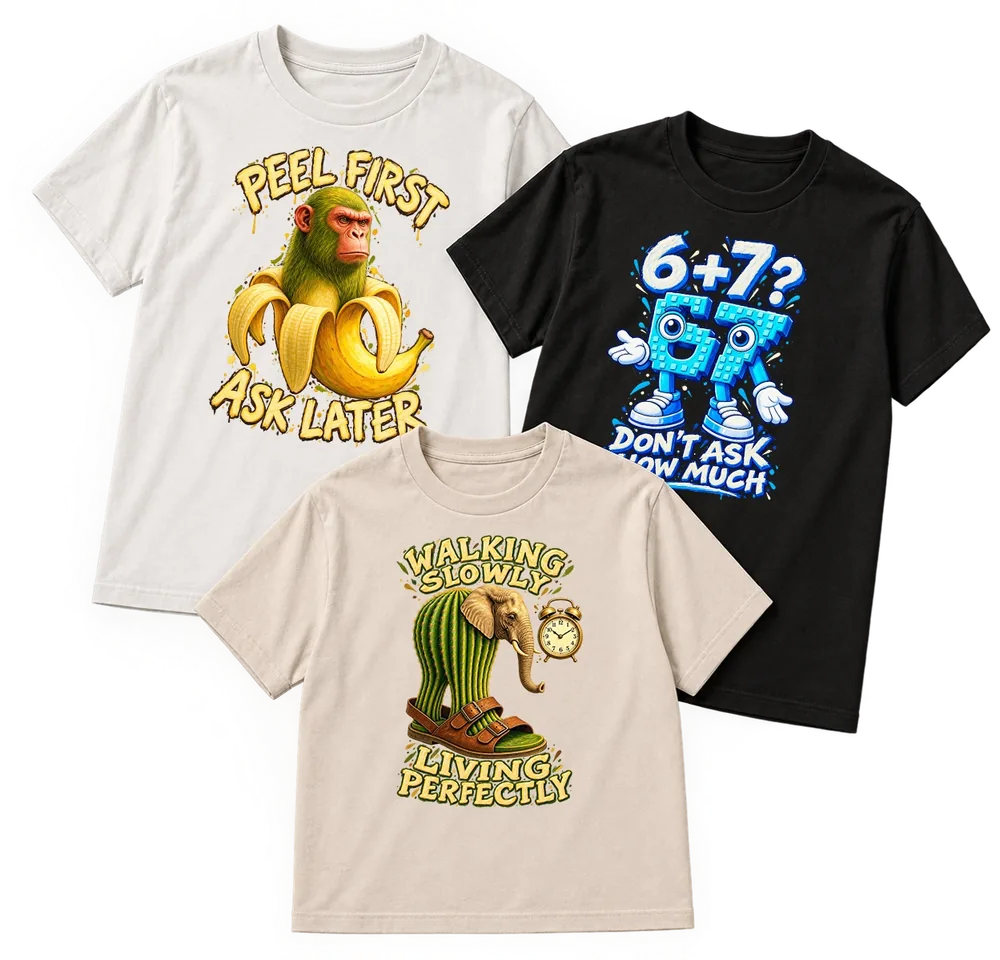 Three Brainrot Up T-shirts with the designs Peel first ask later, 6+7 don't ask how much, and Walking slowly living perfectly